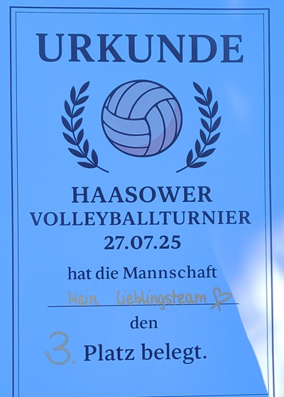 Urkunde für den 3. Platz beim Haasower Volleyballturnier am 27.07.2025.